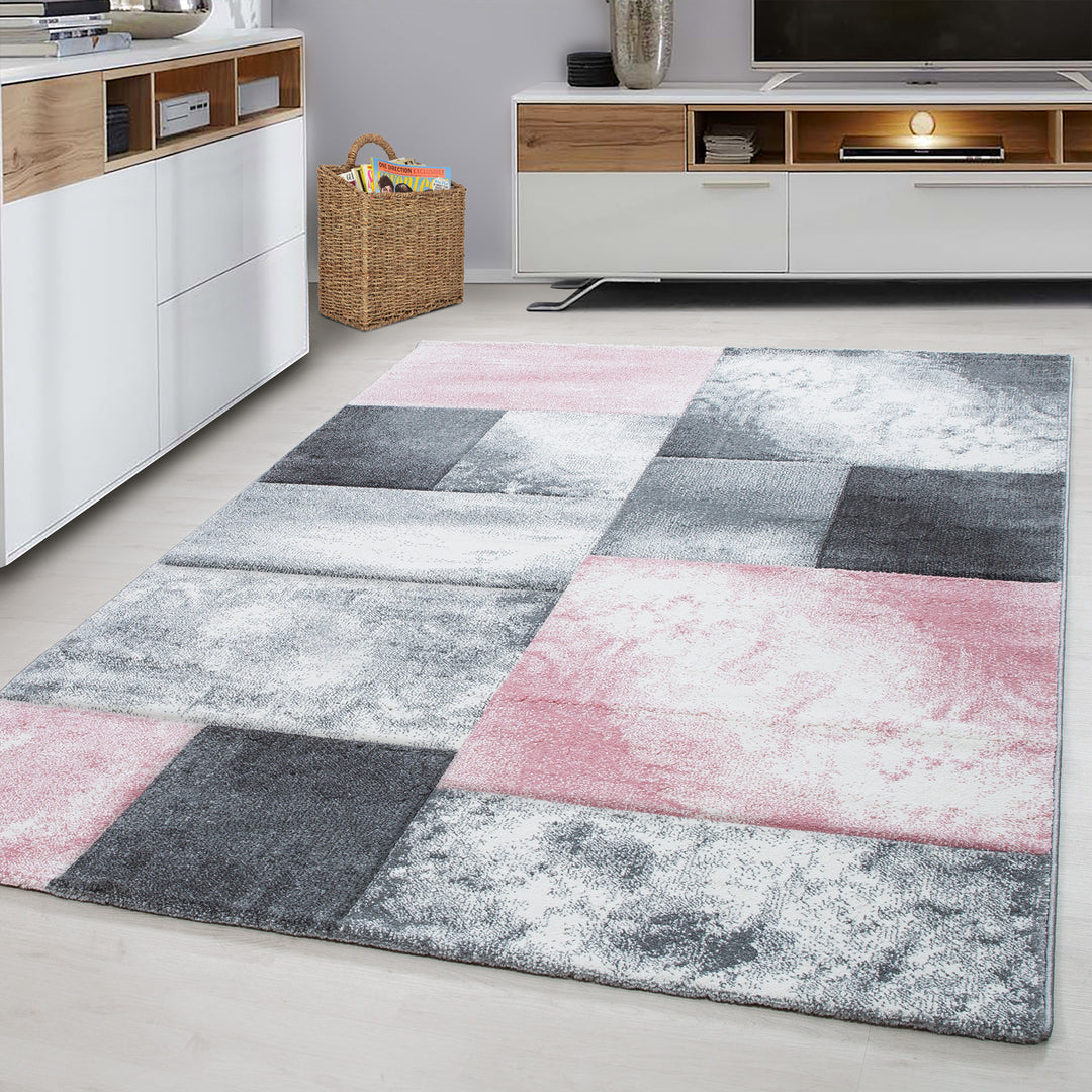 Teppich Kurzflor Karo Look Polypropylen Wohnzimmer_Pink_Läufer_