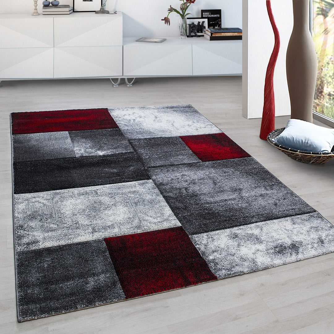 Teppich Kurzflor Karo Look Polypropylen Wohnzimmer_Rot_Läufer_