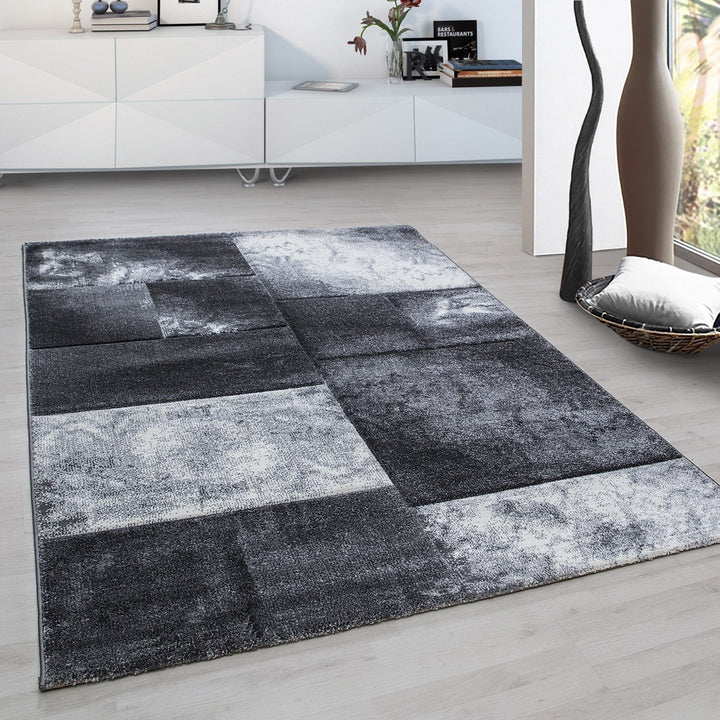Teppich Kurzflor Karo Look Polypropylen Wohnzimmer_Grau_Läufer_
