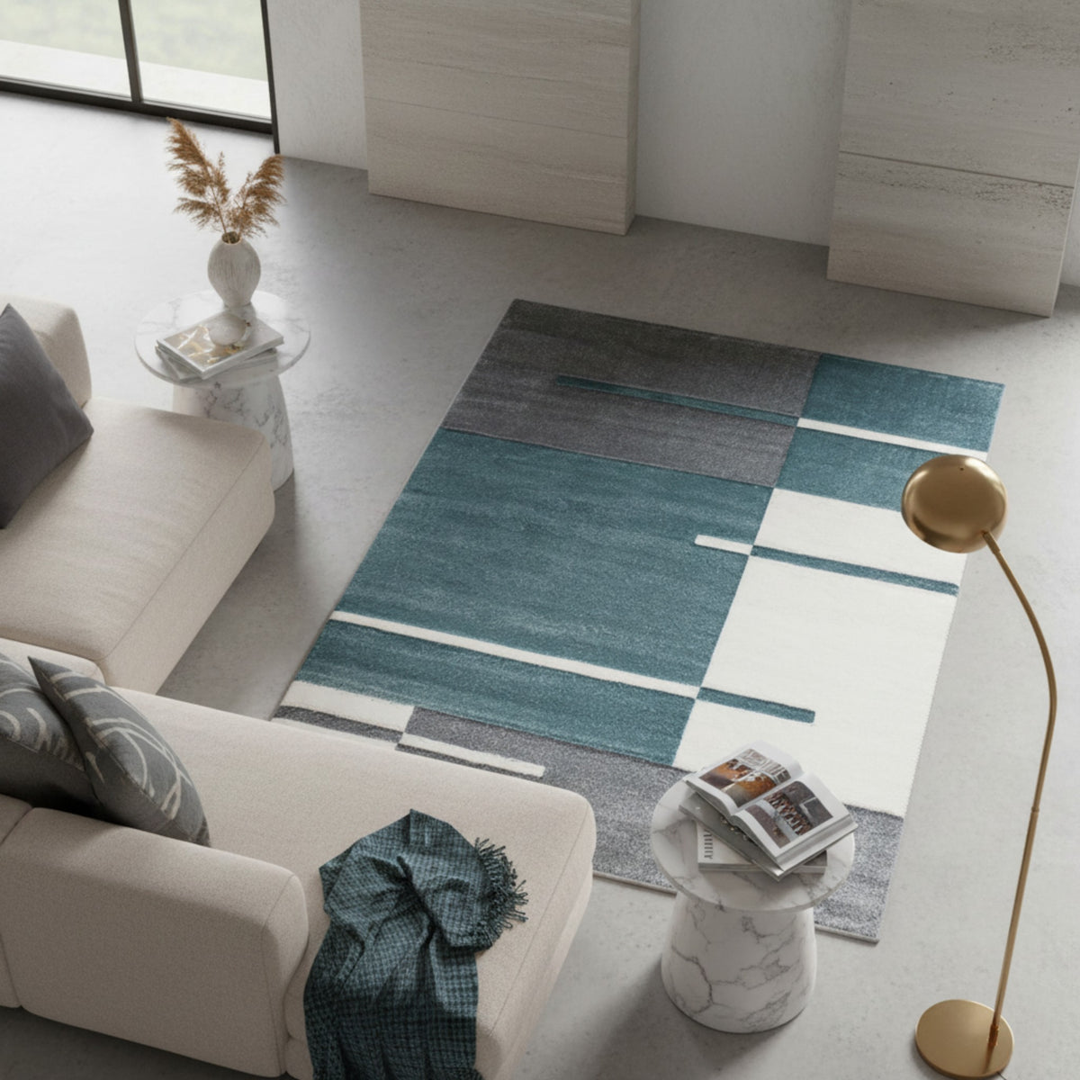 Teppich Kurzflor Karo Muster Polypropylen Wohnzimmer Blau Läufer