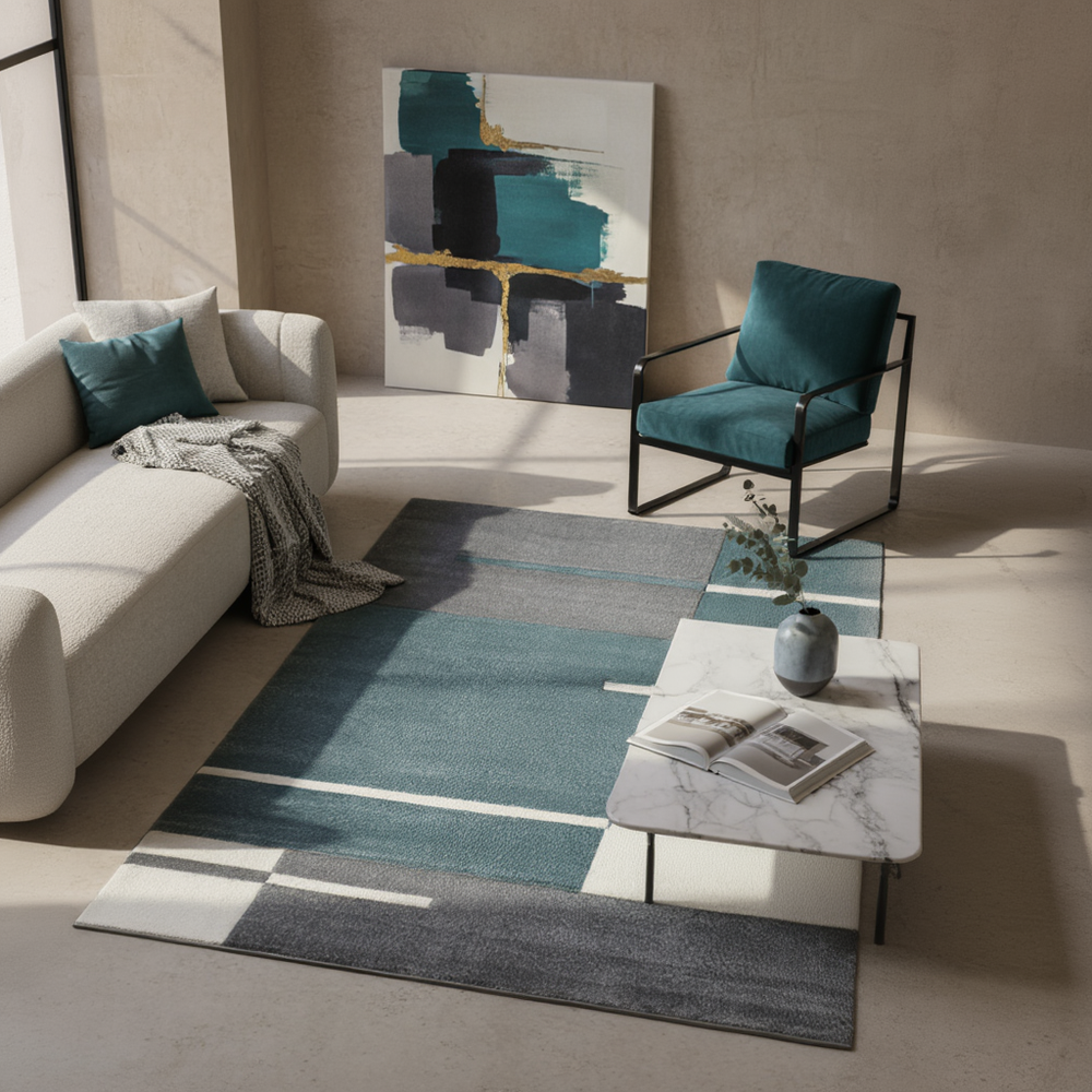 Teppich Kurzflor Karo Muster Polypropylen Wohnzimmer_Blau_Läufer_