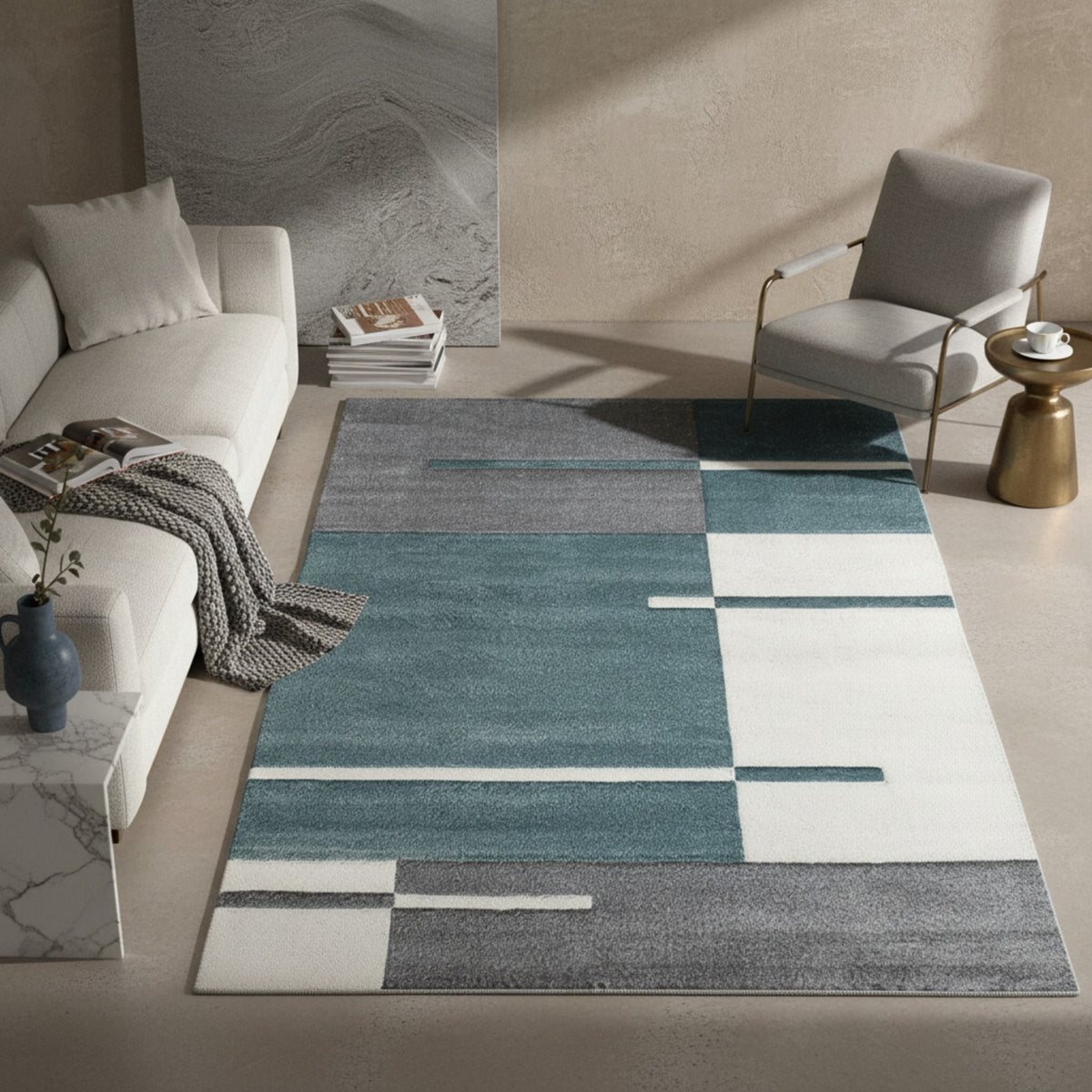 Teppich Kurzflor Karo Muster Polypropylen Wohnzimmer Blau Läufer