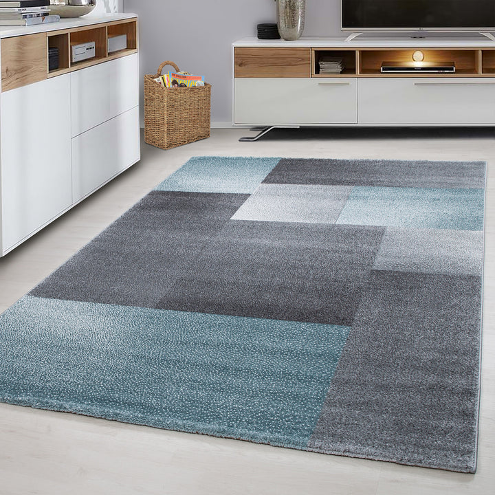 Teppich Kurzflor Karo Polypropylen saugroboter Wohnzimmer_Blau_Läufer_