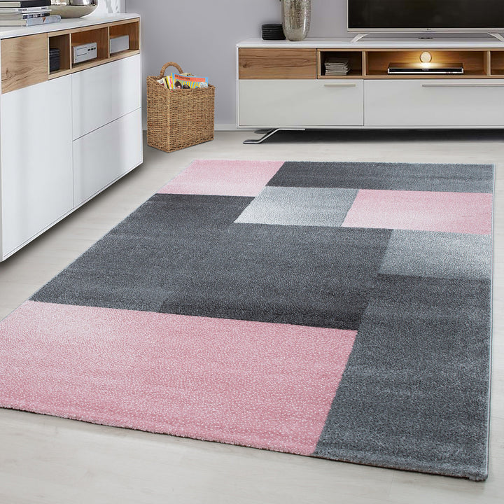Teppich Kurzflor Karo Polypropylen saugroboter Wohnzimmer_Pink_Läufer_