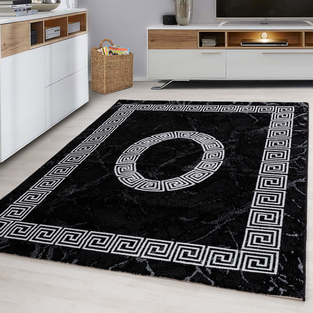 Teppich Kurzflor Mäander-Muster Polypropylen Wohnzimmer_Schwarz_Läufer_