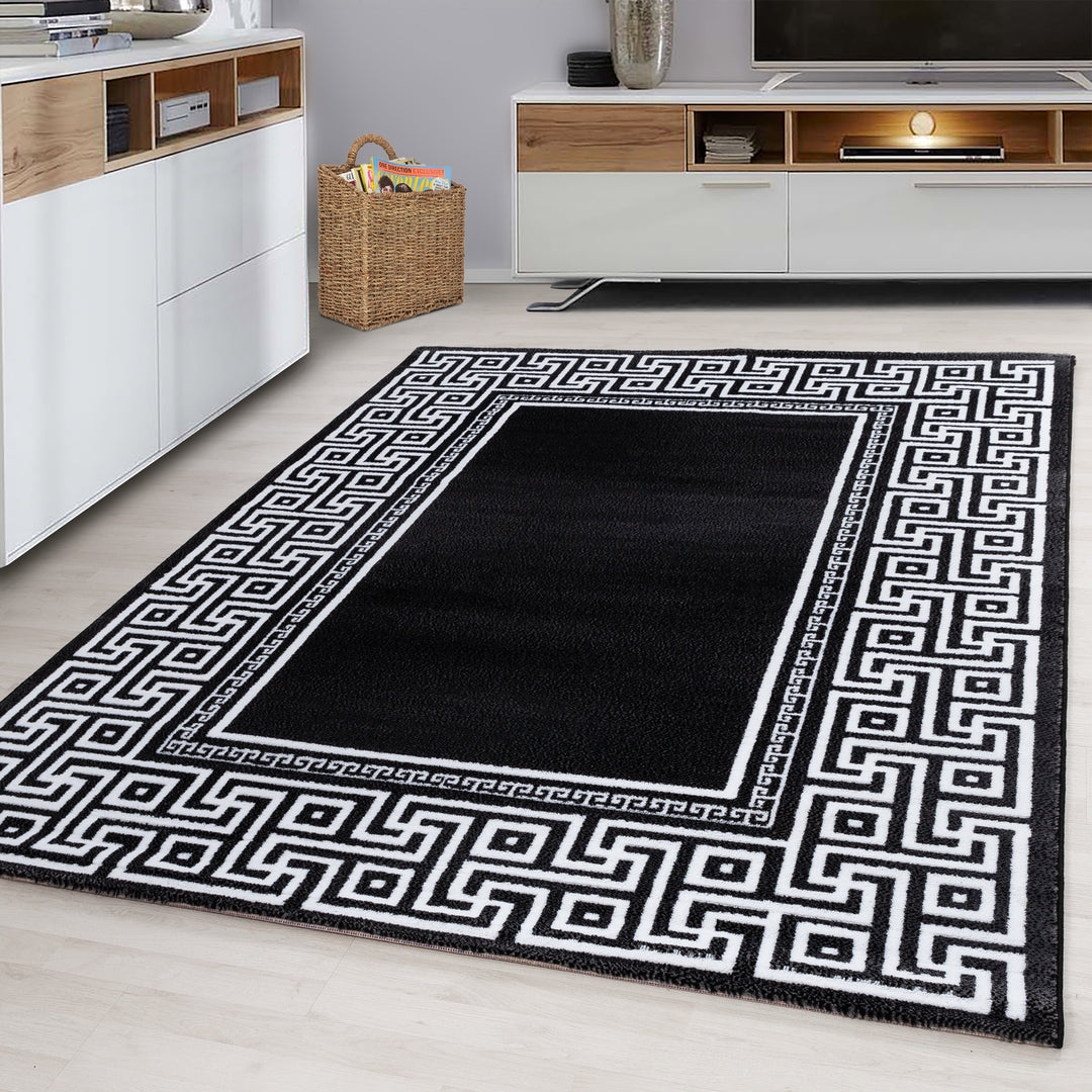 Teppich Kurzflor Mäander Polypropylen Wohnzimmer_Schwarz_Läufer_