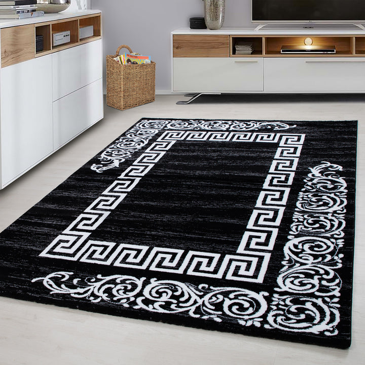 Teppich Kurzflor Mäander Polypropylen saugroboter Wohnzimmer_Schwarz_Läufer_