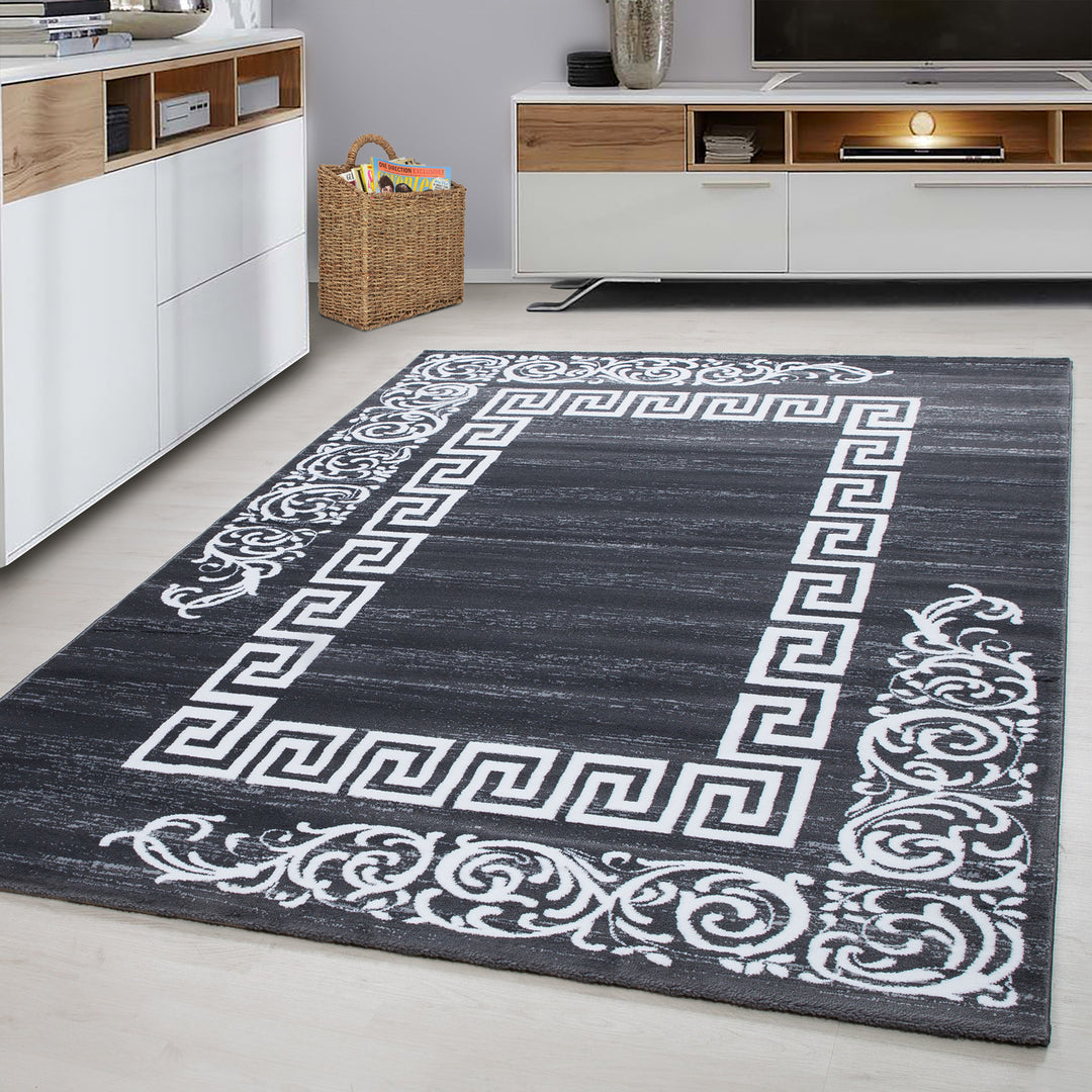 Teppich Kurzflor Mäander Polypropylen saugroboter Wohnzimmer_Grau_Läufer_