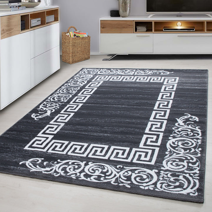 Teppich Kurzflor Mäander Polypropylen saugroboter Wohnzimmer_Grau_Läufer_