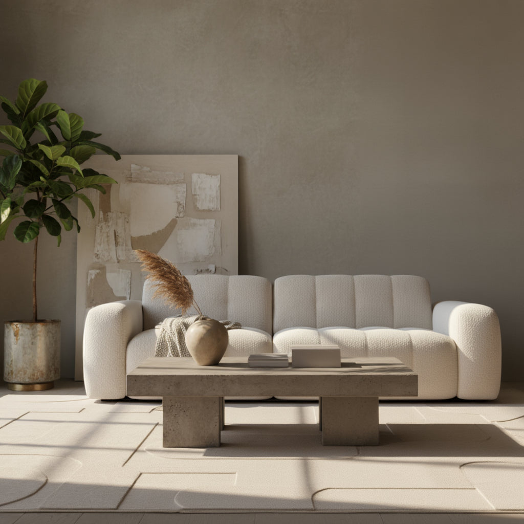 Kurzflor-Teppich in Creme unter Sofa und Couchtisch