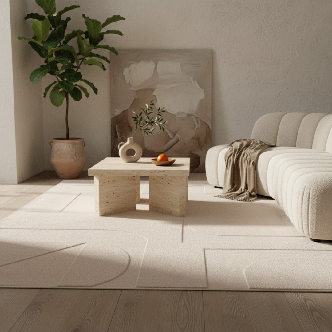 Designerteppich in Beige mit geometrischem Reliefmuster_