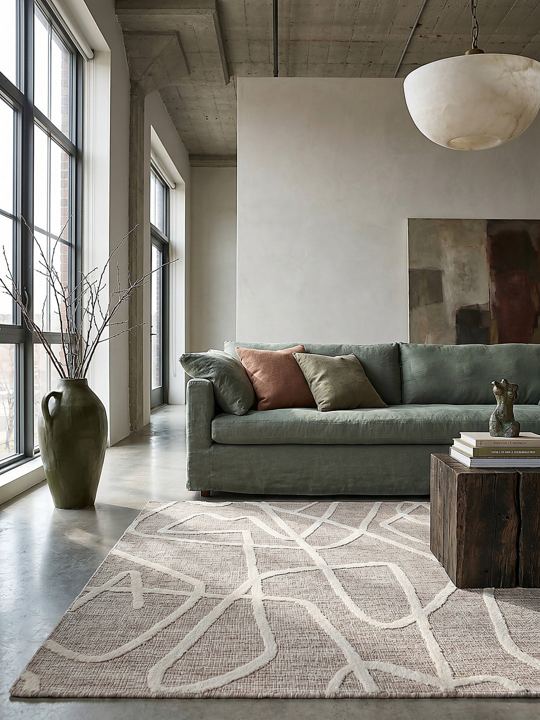 Teppich Taupe rechteckig Editorial Interior als Designobjekt drapiert hochwertige Wohnaccessoires_