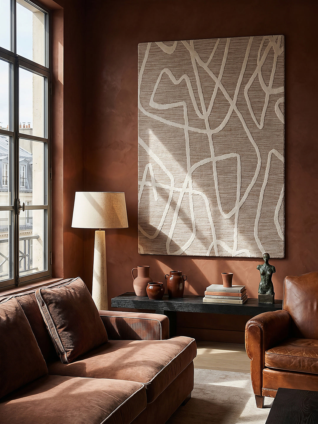 Teppich Taupe rechteckig als Wandteppich Wanddekoration Textilkunst Interior Design_