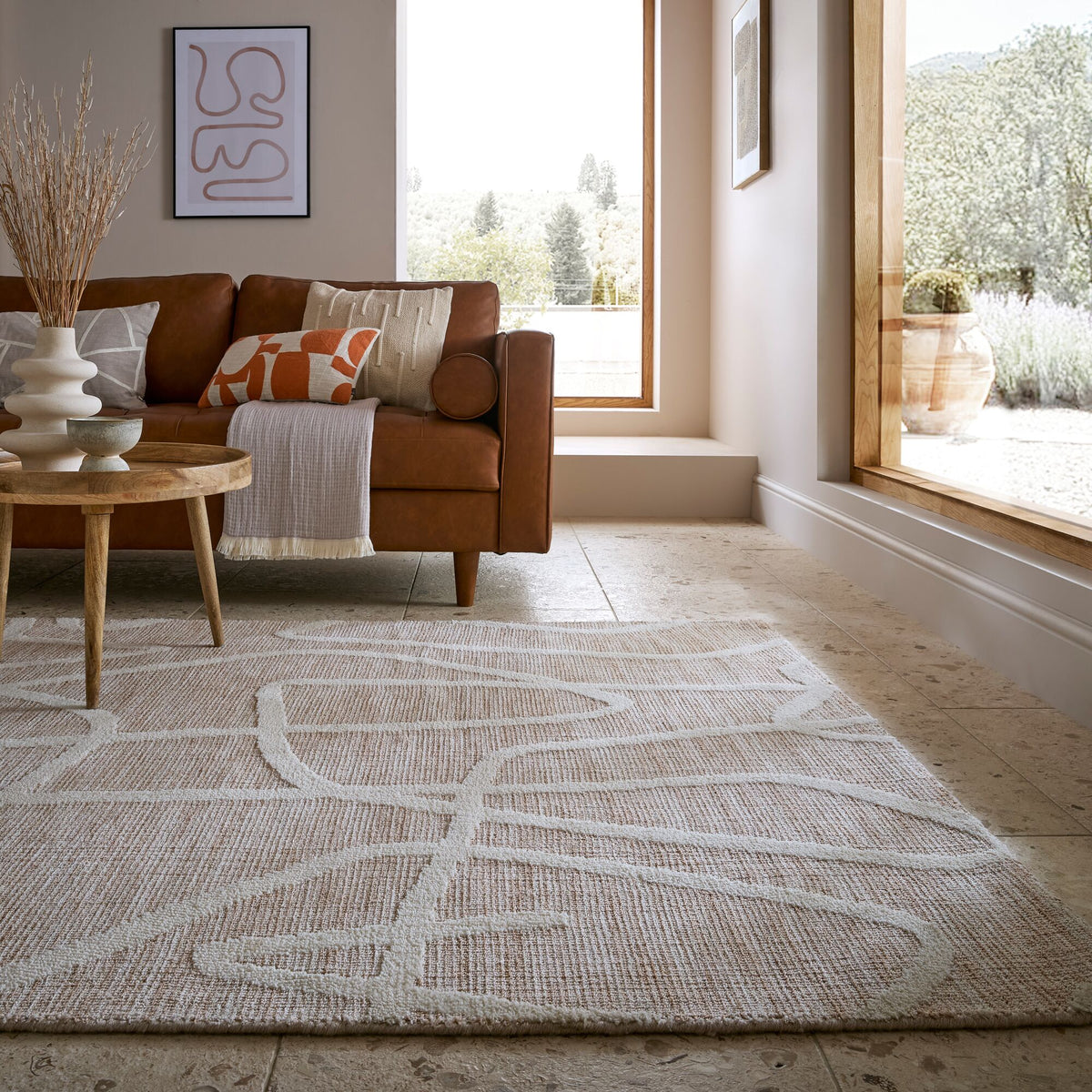 Teppich Kurzflor Linienmuster - Abstrakt - Wohnzimmer Taupe Rechteckig