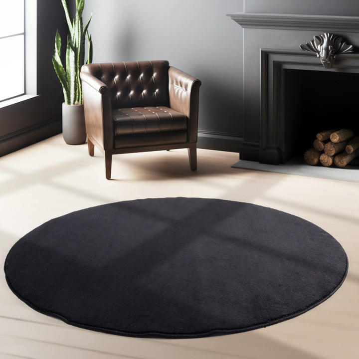 Teppich Kurzflor Uni-Farbe Microfaser Antirutsch Wohnzimmer waschbar_Schwarz_Rund_