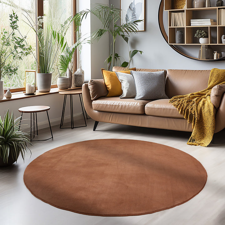 Teppich Kurzflor Uni-Farbe Microfaser Antirutsch Wohnzimmer waschbar_Braun_Rund_