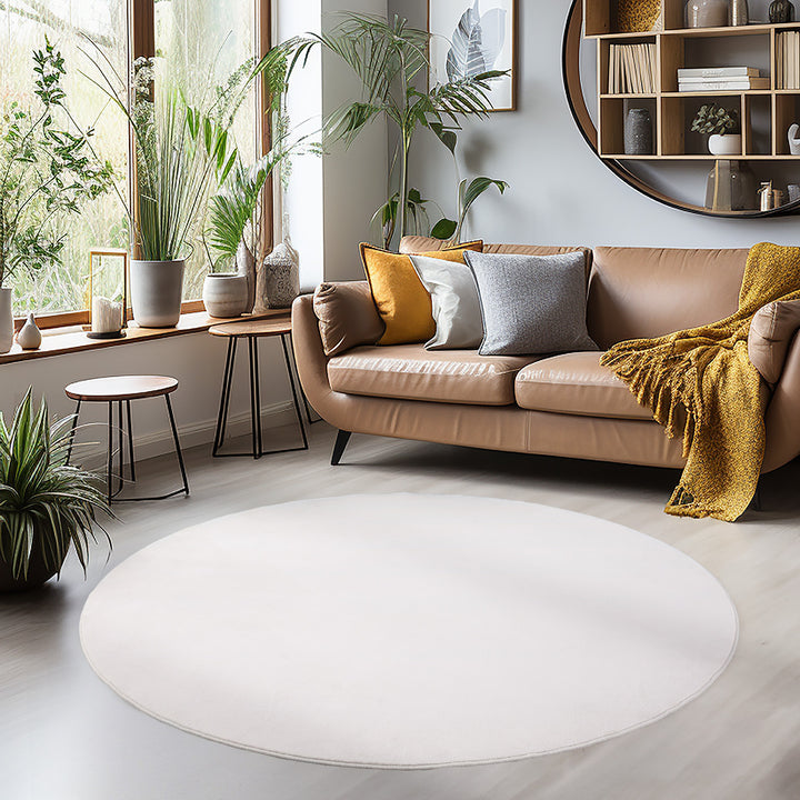 Teppich Kurzflor Uni-Farbe Microfaser Antirutsch Wohnzimmer waschbar_Creme_Rund_