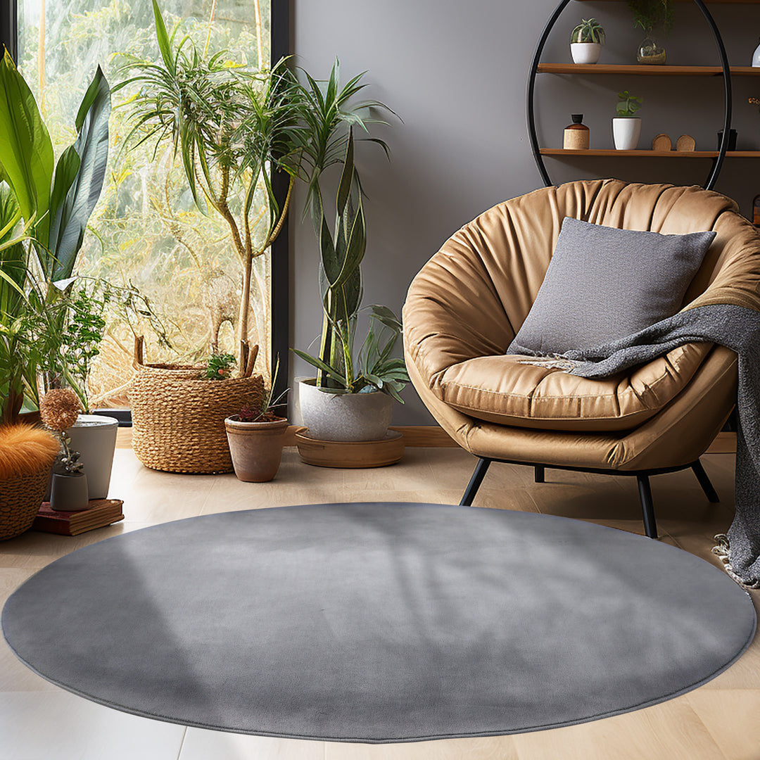 Teppich Kurzflor Uni-Farbe Microfaser Antirutsch Wohnzimmer waschbar_Grau_Rund_