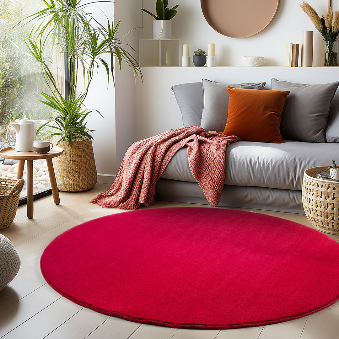Teppich Kurzflor Uni-Farbe Microfaser Antirutsch Wohnzimmer waschbar_Rot_Rund_
