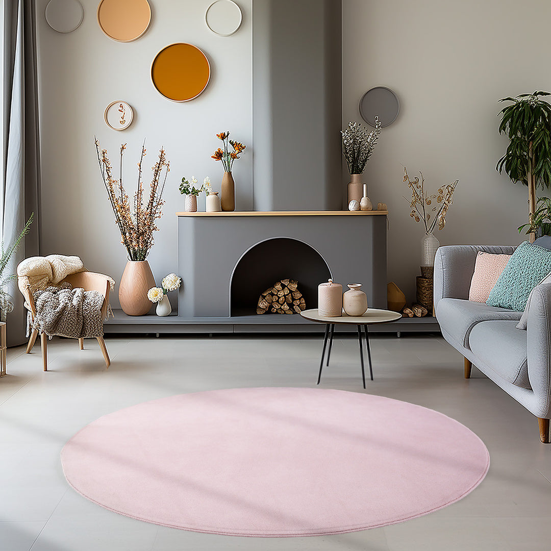 Teppich Kurzflor Uni-Farbe Microfaser Antirutsch Wohnzimmer waschbar_Rosa_Rund_
