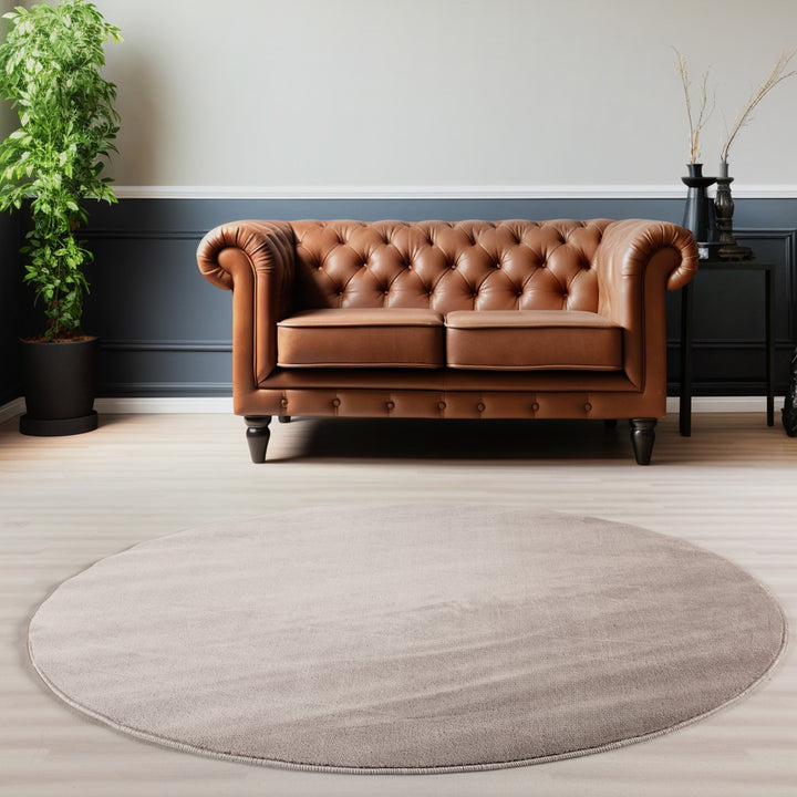 Teppich Kurzflor Uni-Farbe Microfaser Antirutsch Wohnzimmer waschbar_Beige_Rund_