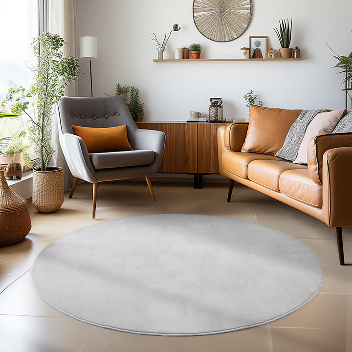 Teppich Kurzflor Uni-Farbe Microfaser Antirutsch Wohnzimmer waschbar_Silber_Rund_