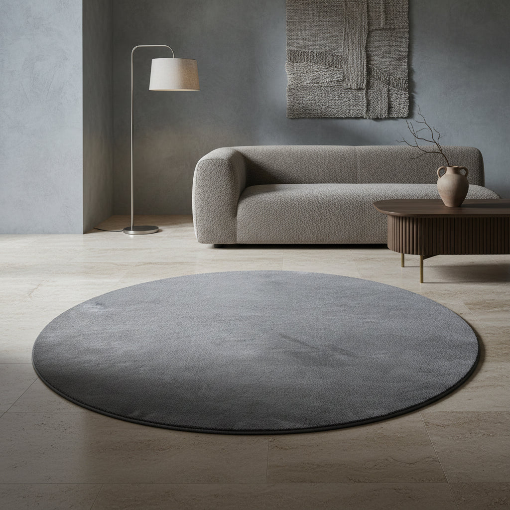 Teppich Kurzflor Uni-Farbe Microfaser Antirutsch Wohnzimmer waschbar_Grau_Rund_