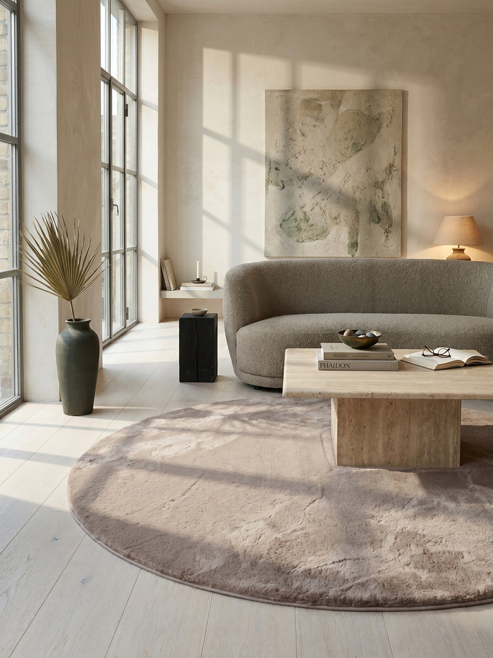 Teppich Beige rund im modernen Wohnzimmer_