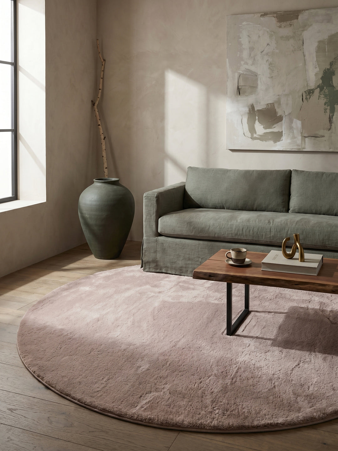 Teppich Beige rund gemütliche Wohnszene_