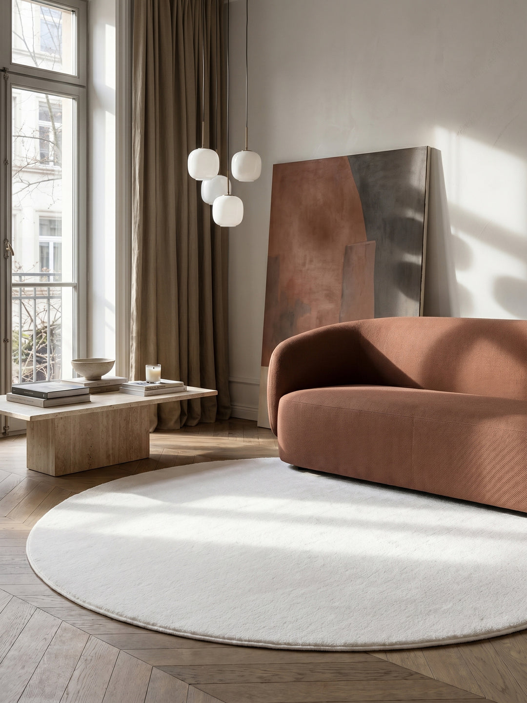 Teppich White rund im modernen Wohnzimmer_