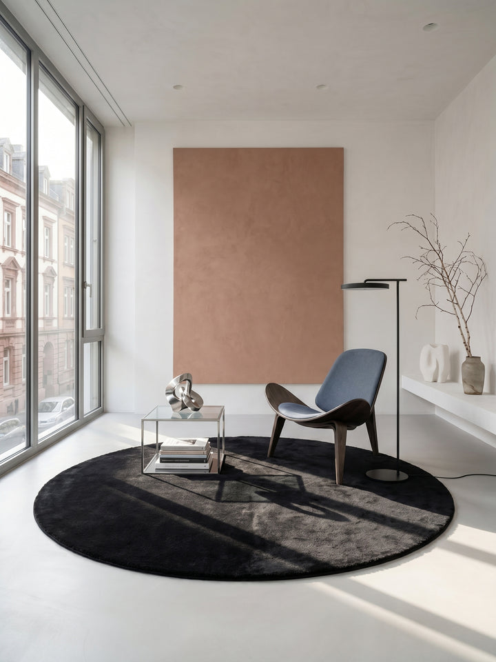 Teppich Schwarz rund im modernen Wohnzimmer_