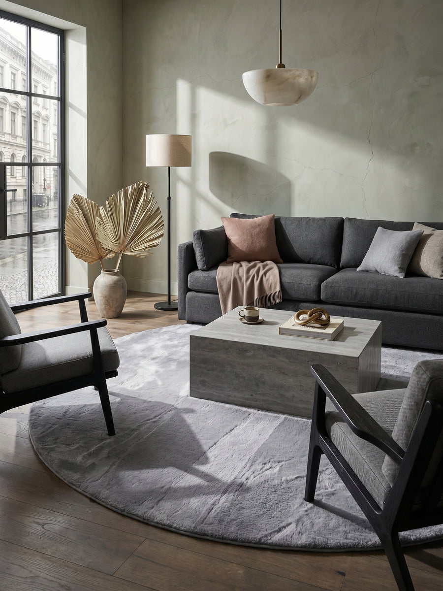 Teppich Grey rund gemütliche Wohnszene_