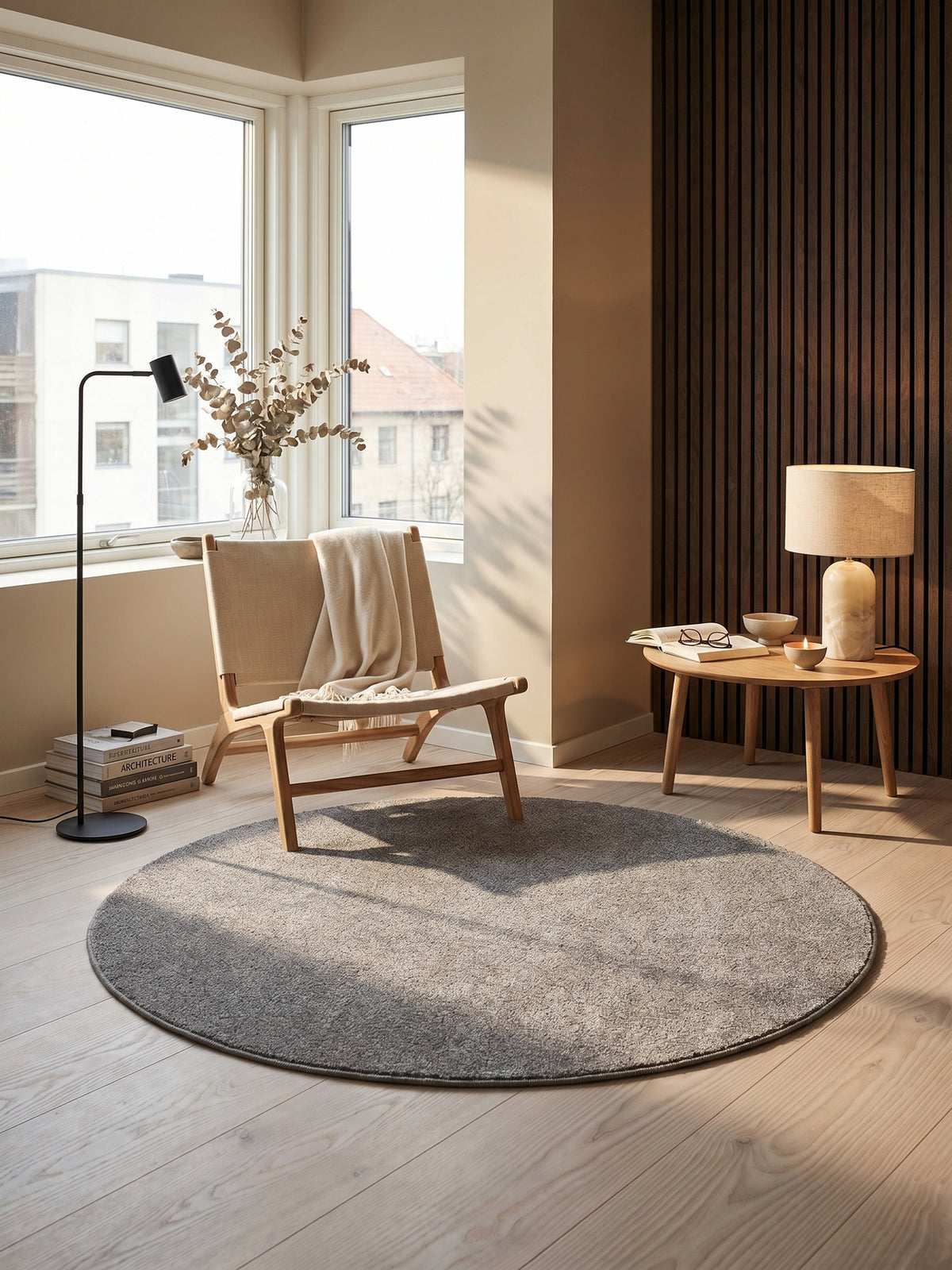 Teppich Beige rund im Wohnzimmer Einrichtungsidee_