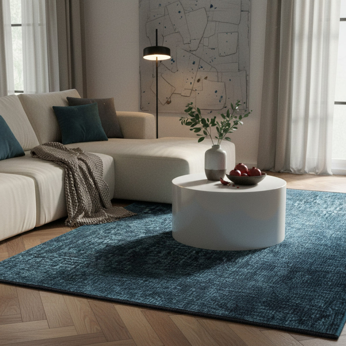 Teppich Kurzflor Unicolor Chenille Baumwolle Innen_Blau_Läufer_