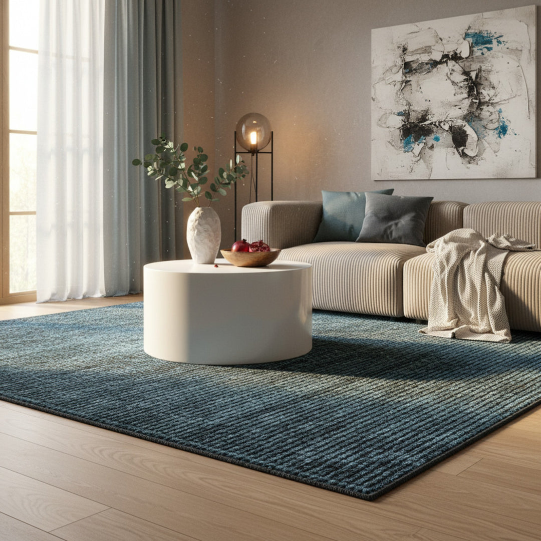 Teppich Kurzflor Unicolor Chenille Baumwolle Innen_Blau_Läufer_