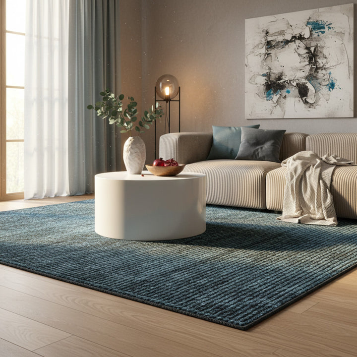 Teppich Kurzflor Unicolor Chenille Baumwolle Innen_Blau_Läufer_