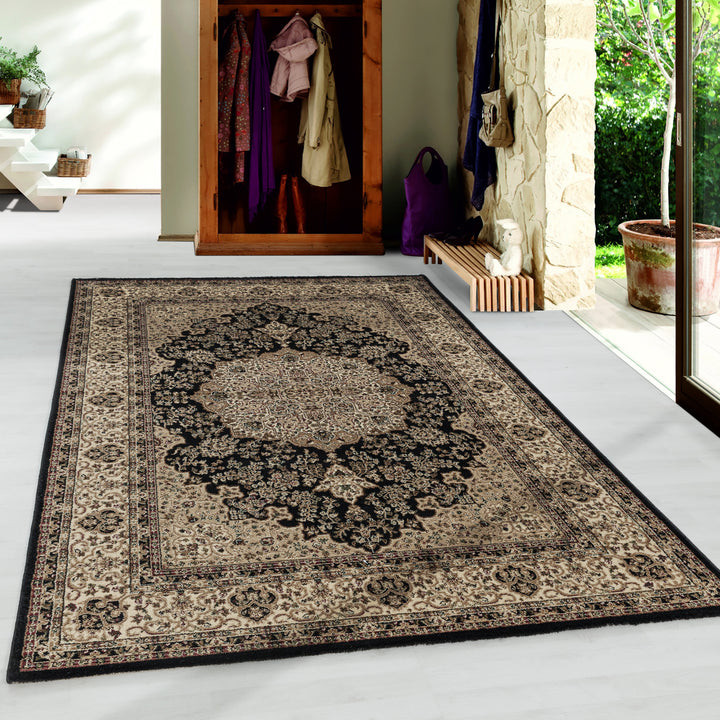 Teppich Kurzflor Vintage Bordüre Polypropylen Gewebt_Schwarz_Läufer_