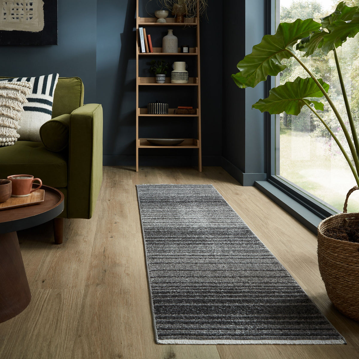 Teppich Modern Gestreift - Kurzflor mit Boho-Quasten_Anthrazit_Läufer_