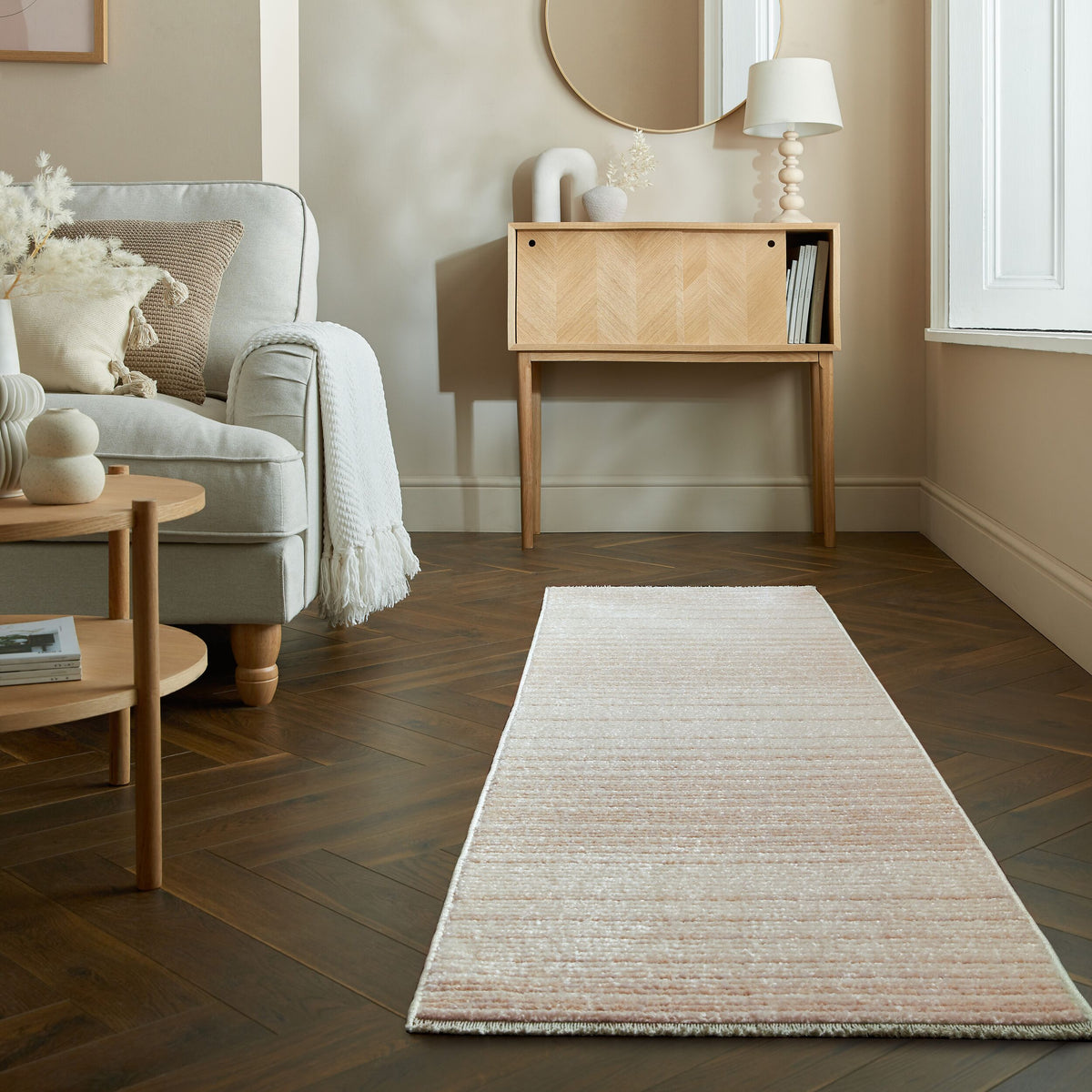 Teppich Modern Gestreift - Kurzflor mit Boho-Quasten_Beige_Läufer_