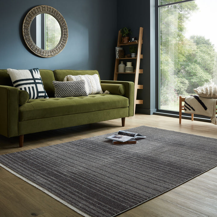 Teppich Modern Gestreift - Kurzflor mit Boho-Quasten_Anthrazit_Rechteckig_