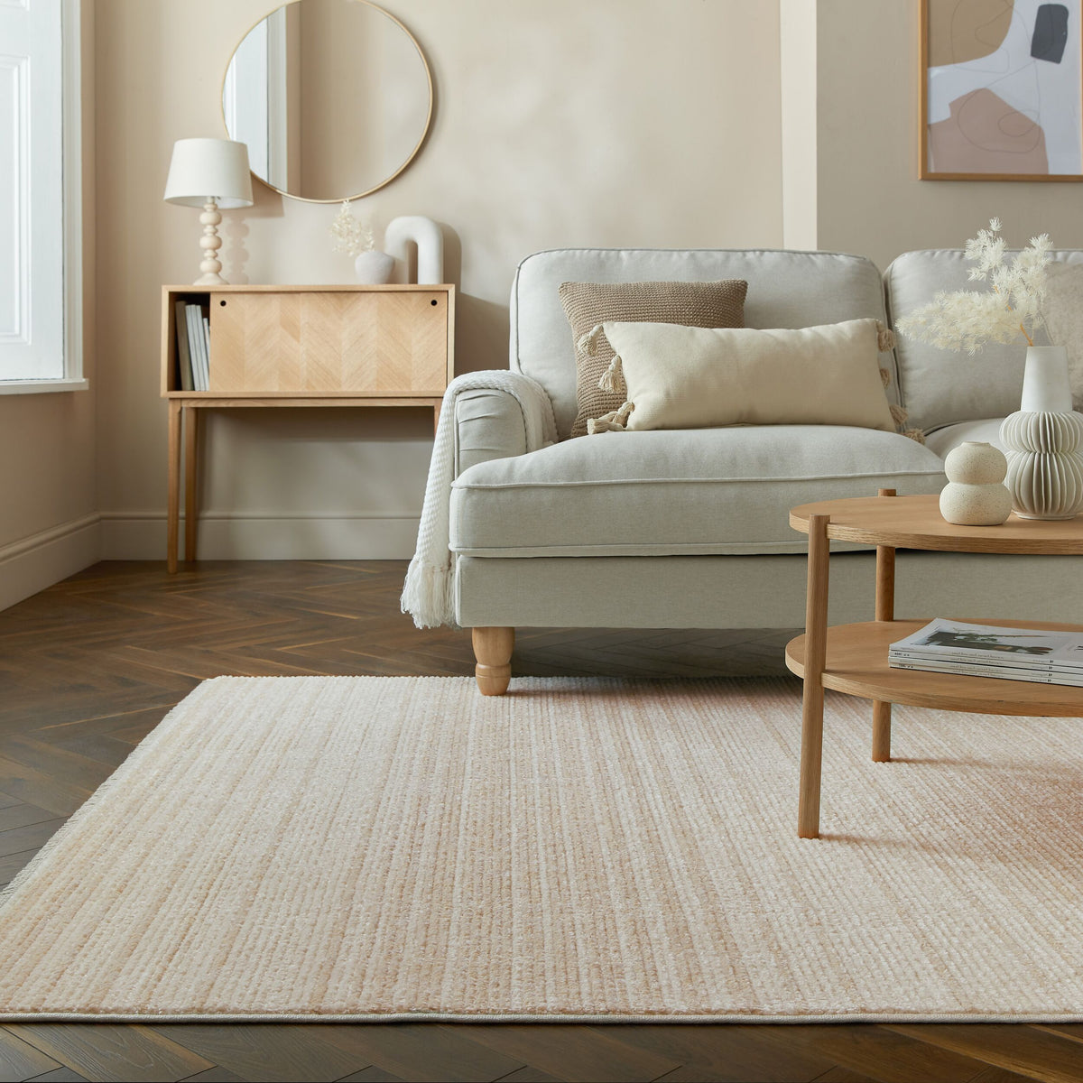 Teppich Modern Gestreift - Kurzflor mit Boho-Quasten_Beige_Rechteckig_