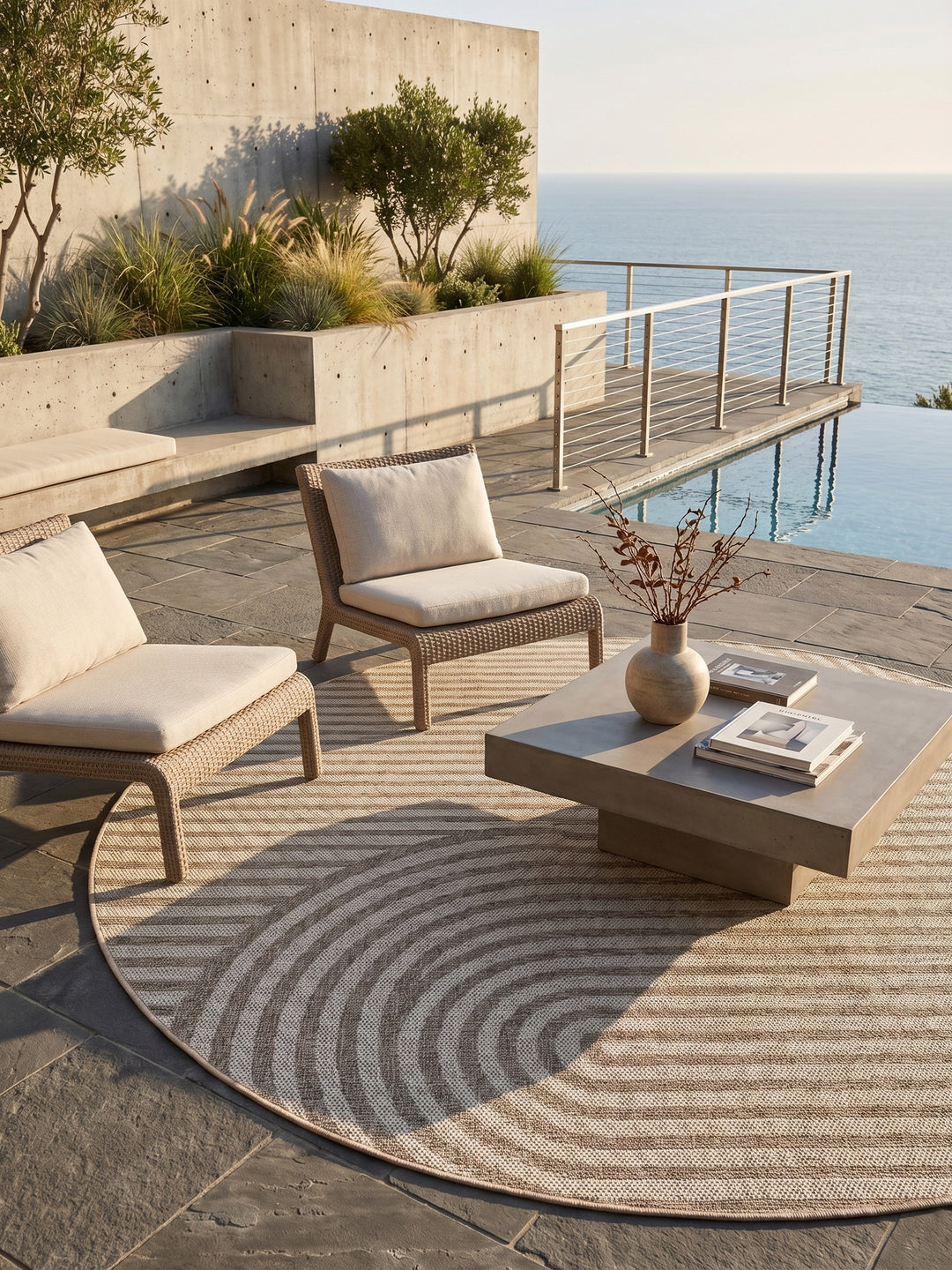 Gemütliche Veranda mit rundem Outdoor-Teppich, Hängesessel und Lichterketten._