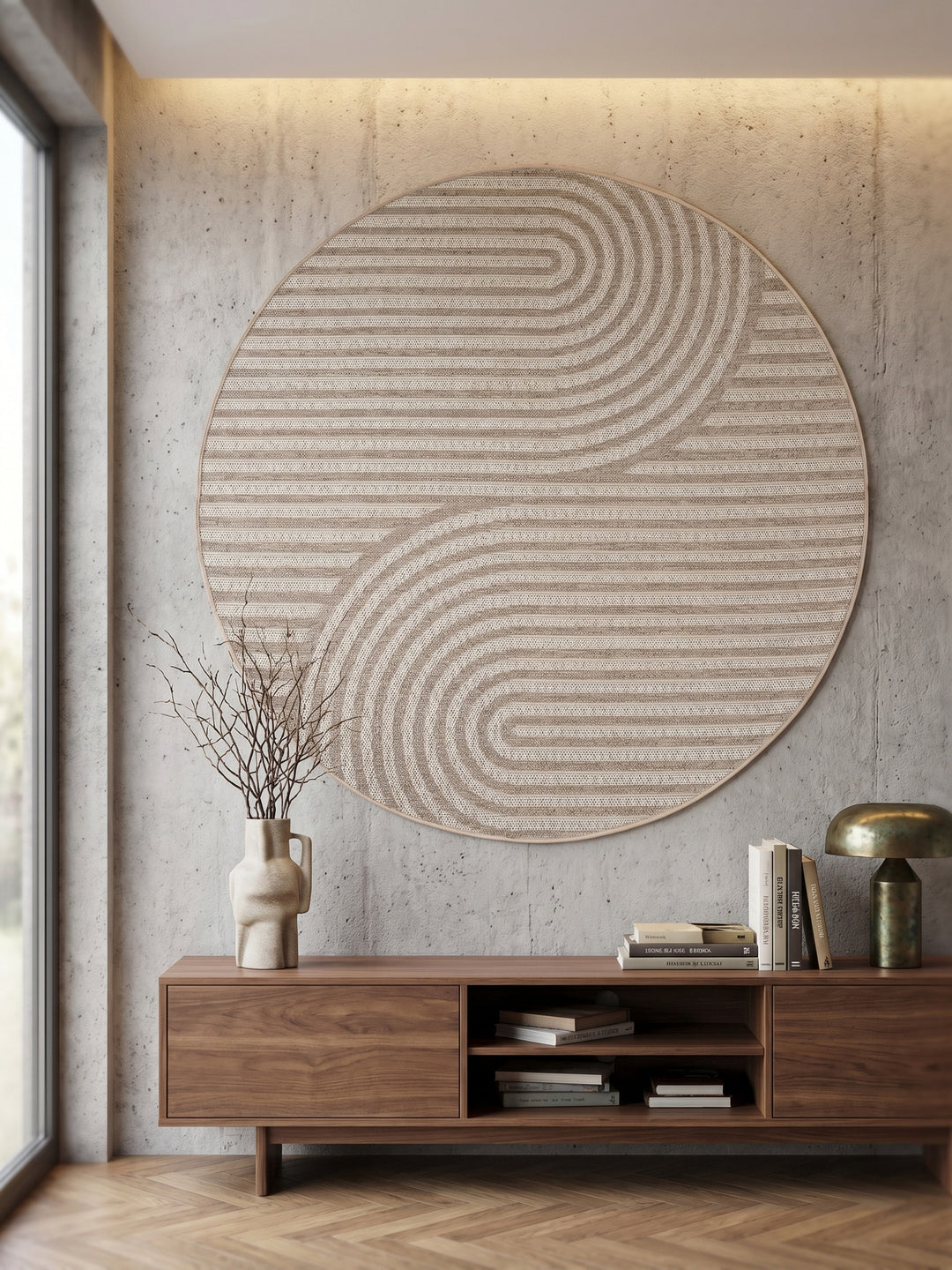 Runder Teppich mit modernem Liniendesign als kreativer Wandbehang an einer grauen Wand._