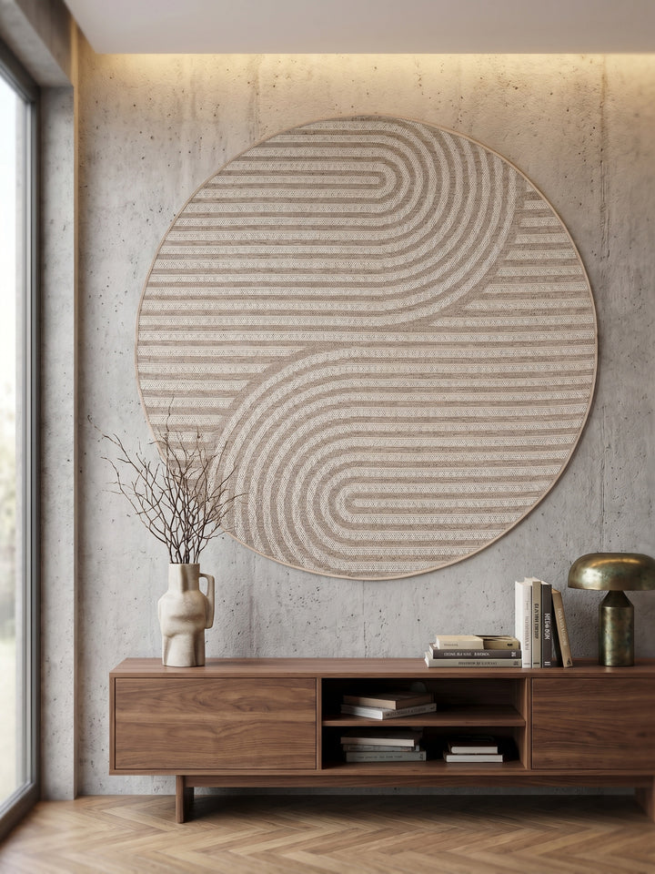 Runder Teppich mit modernem Liniendesign als kreativer Wandbehang an einer grauen Wand._