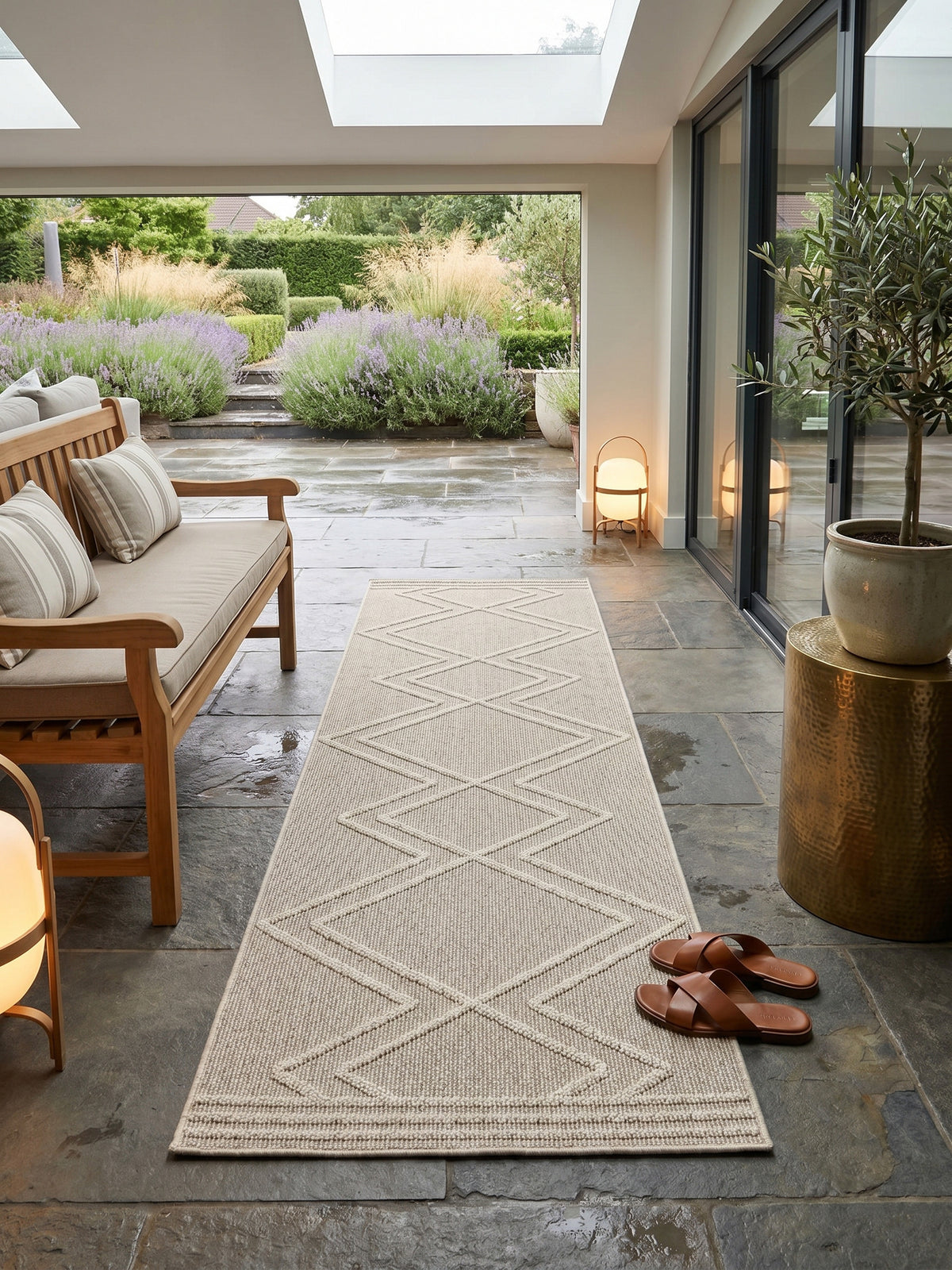 Teppich Beige Läufer Muster Draufsicht_