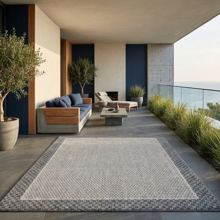 Outdoor Teppich mit Karo-Bordüre Waschbar Wetterfest Balkon – Kadima Design