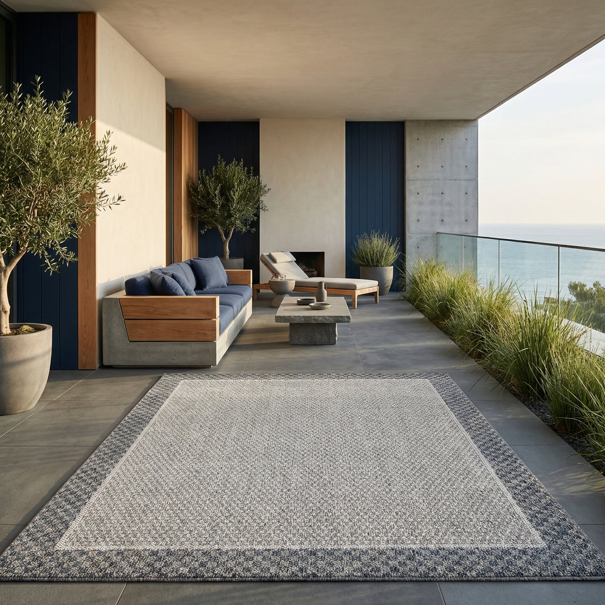 Outdoor-Teppich mit Karo-Bordüre – Waschbar, Wetterfest & Strapazierfähig für Balkon – Ansicht 1