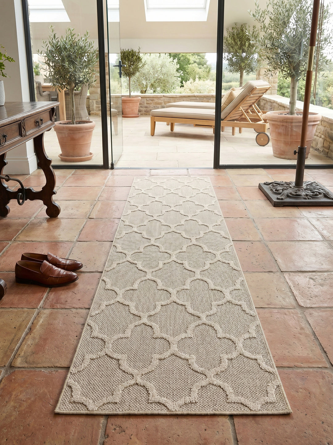 Teppich Beige Läufer Muster Draufsicht_