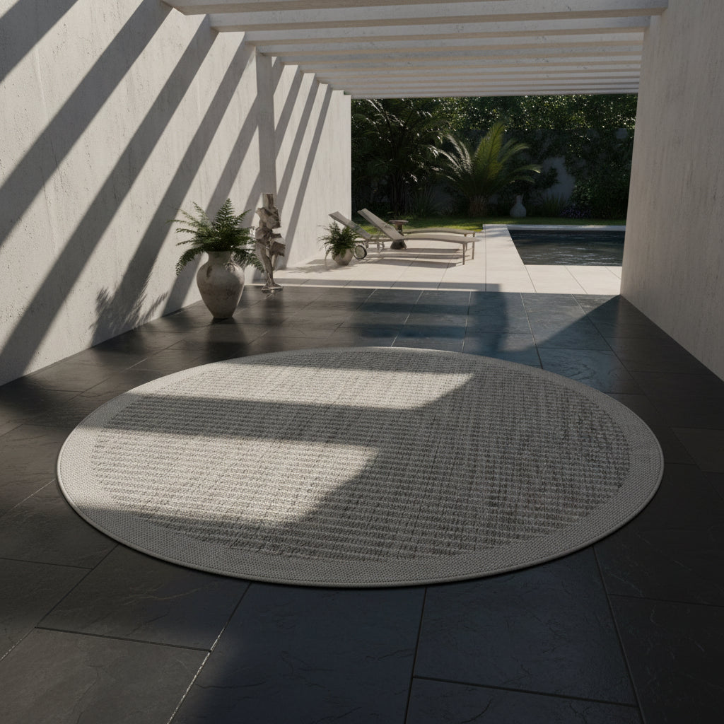 Teppich Outdoor Flachgewebe Uni-Farbe Polypropylen Balkon_Grau_Rund_
