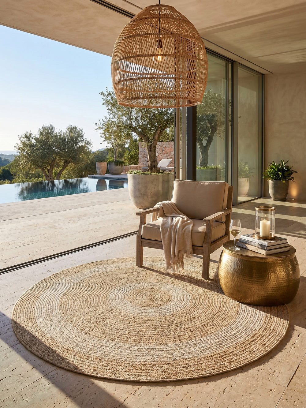 Teppich Beige rund im Wohnzimmer Einrichtungsidee_